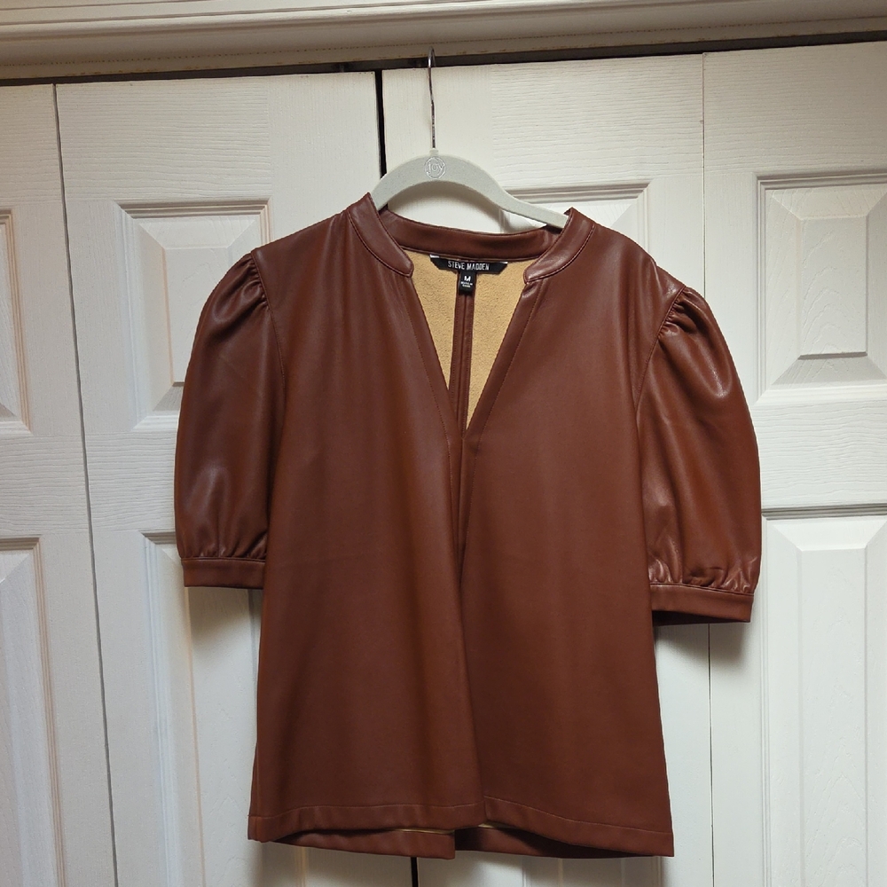 Steve Madden Brown Faux Leather Puff-Sleeve Blouse Sz Med